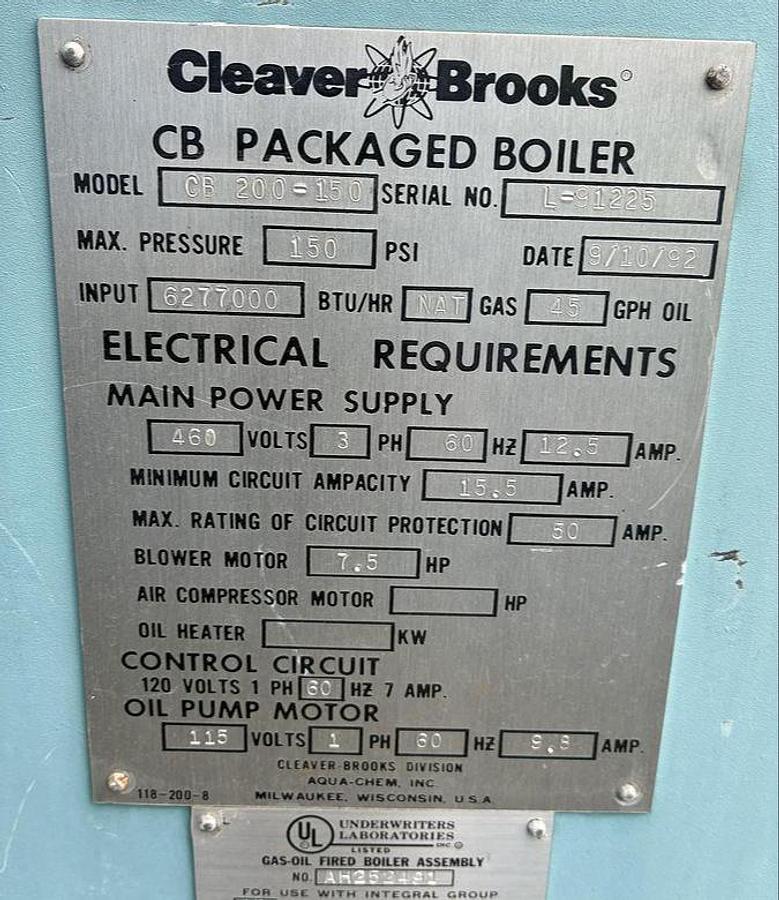 Used 1992 Cleaver Brooks CB-200-150 150 HP High Pressure Steam Boiler Natural Gas Oil Fired 150 PSI S/N L 91225 National Board No. 03010