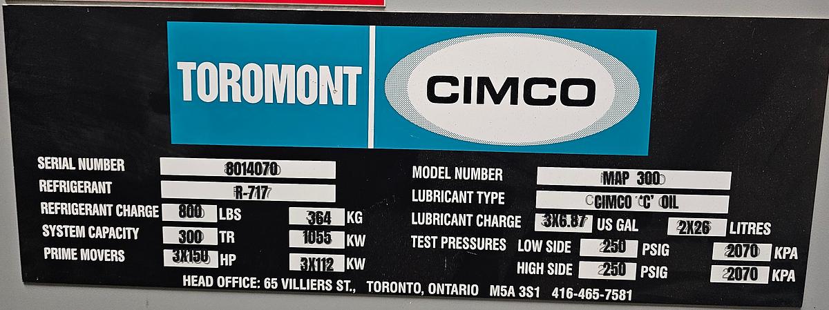 Used Toromont CIMCO Industrial Refrigeration System - 300 Ton Capacity with Heat Exchangers (2010)