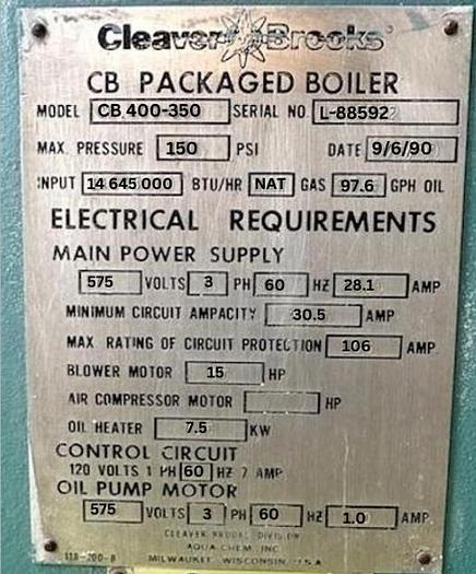 Used 350 HP Cleaver Brooks 150 PSI Steam boiler 1990 Model CB 400-350