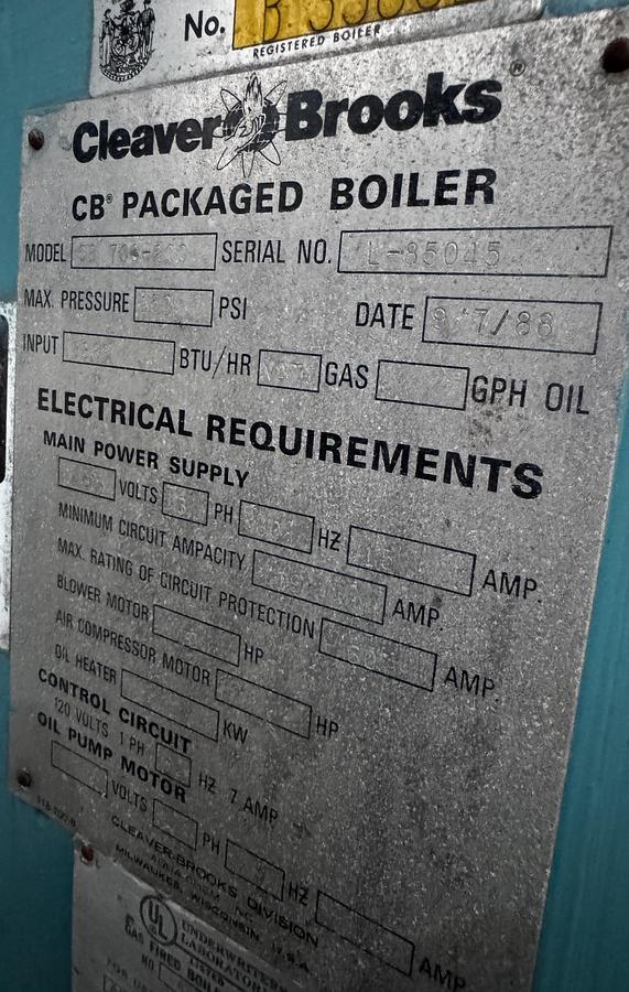 Used Cleaver Brooks 200HP 250PSI Packaged Steam Boiler CB 700-200 Natural Gas 1988