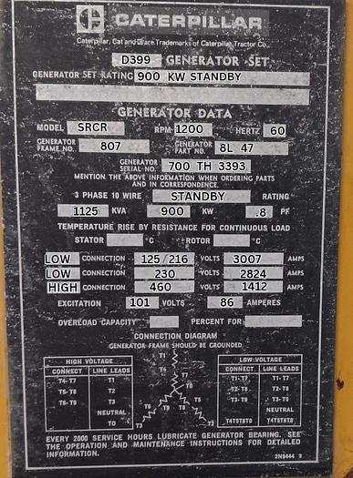 Used Caterpillar D399 Generator Set SRCR 900 KW
