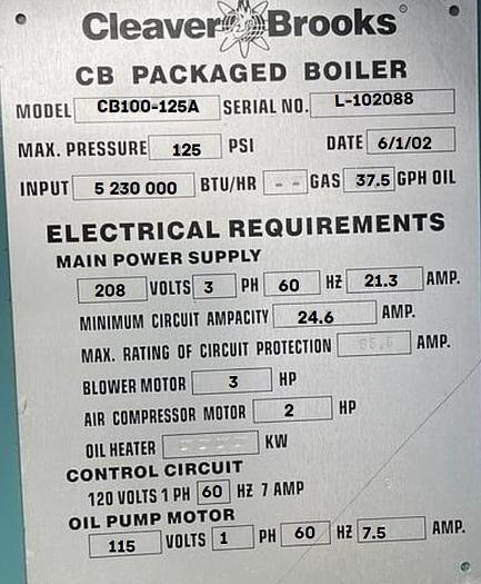 Used 100 HP Cleaver Brooks 125 PSI Hot Water Boiler 2002 Model CB100-125As