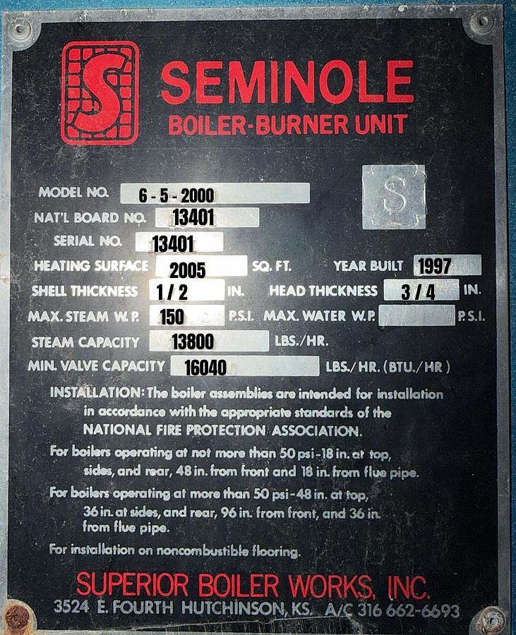 Used Superior Boiler Seminole 400HP 150PSI Packaged Steam Boiler 6-5-2000 Natural Gas 1997