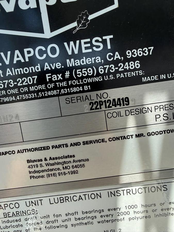 Used Evapco West Model AT 212-4N24 Cooling Tower with Baldor Reliance Super-E Pump Motors S/N 22P124419