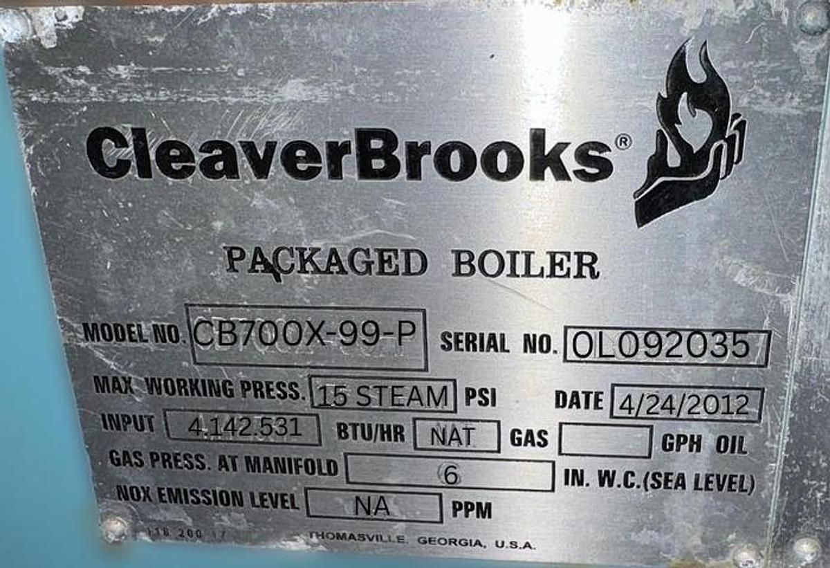 Used 100 HP Cleaver Brooks 15 PSI Low-Pressure Steam Boiler – 2012 CB700X-99-P