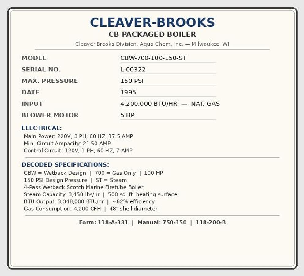 Used Cleaver Brooks 100HP 150PSI CBW-700-100-150-ST Steam Boiler Natural Gas 1995