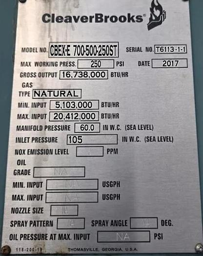 Used 500 HP Cleaver Brooks 250 PSI Steam Boiler 2017 Model CBEX-E 700-500-250ST