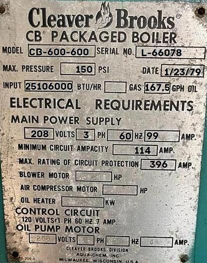 Used Cleaver Brooks 600HP 150PSI Packaged Steam Boiler CB-600-600