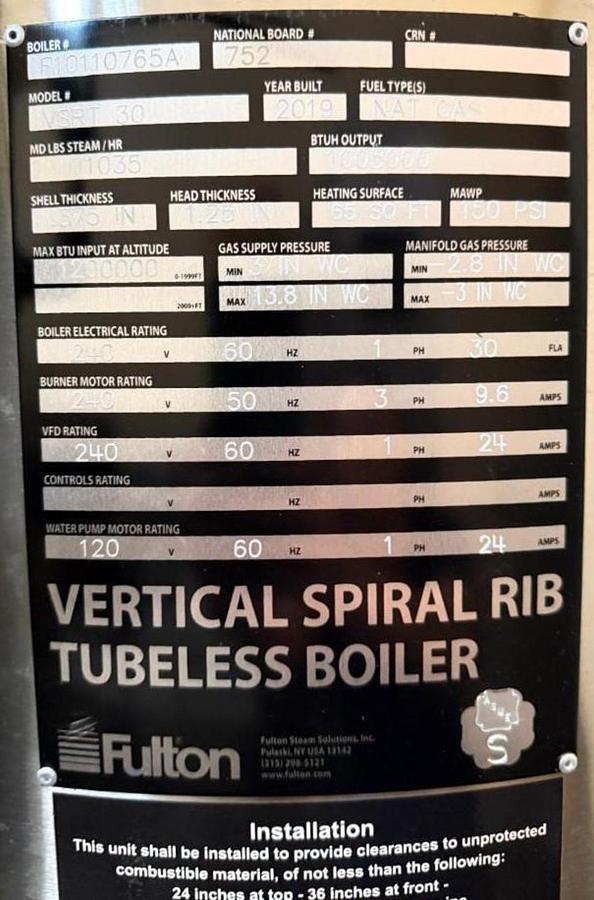 Used Fulton VSRT30 30HP 150PSI Vertical Spiral Rib Tubeless Steam Boiler - 2019