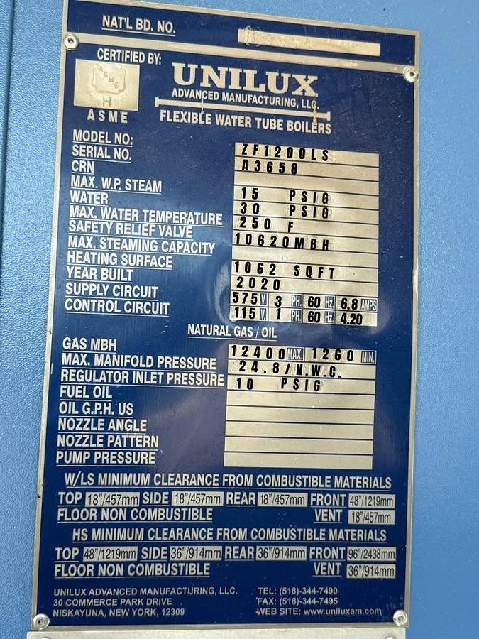 Used Unilux Flexible Water Tube Boiler 12400 MBH Natural Gas 15 PSIG ZF1200LS 2020