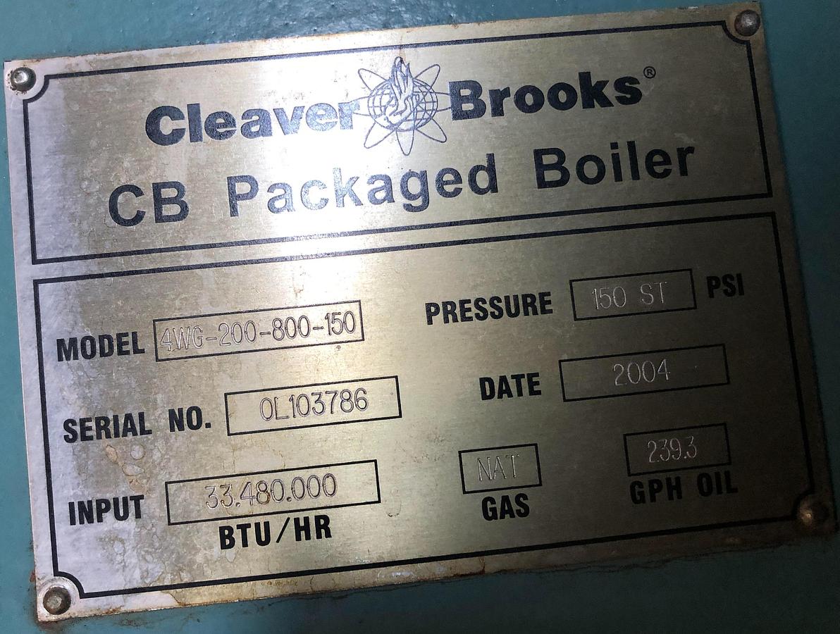 Used Cleaver Brooks 800 HP 150 PSI Commercial Boiler - 4WG-200-800-150 (2004)