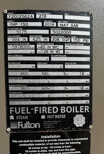 Used 150 HP Fulton Boiler 150 PSI Steam Boiler 2018 Model VMP 150