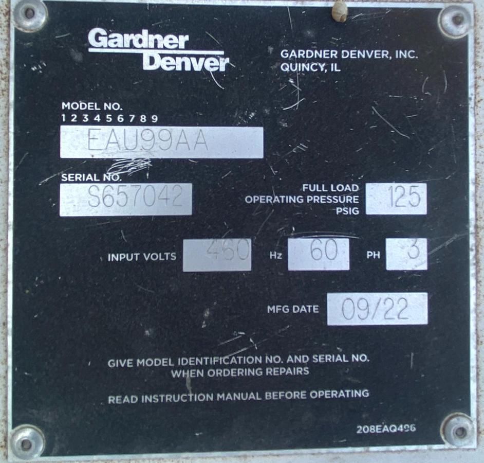 Used Gardner Denver EAU99AA 250 HP 125 PSI Electra-Saver Rotary Screw Air Compressor SN S657042 2022