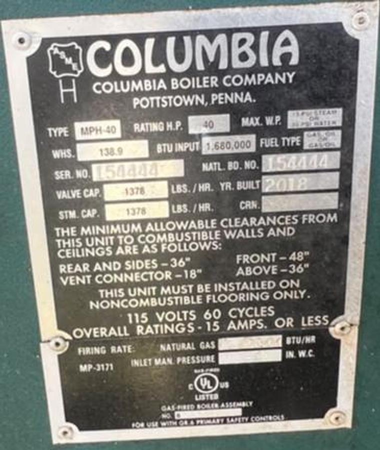 Used Columbia Boiler MPH-40 Horizontal Firebox Steam Boiler 40 HP Low Pressure 15 PSI Steam / 30 PSI Water Natural Gas Power Flame JR30A-13 Burner Built 2018