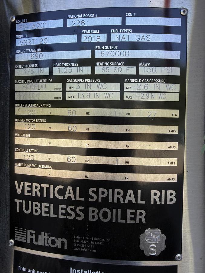 Used Fulton 20HP 150PSI Steam Boiler VSRT 20 2018 w/ Feedwater Tank & Blowdown Separator