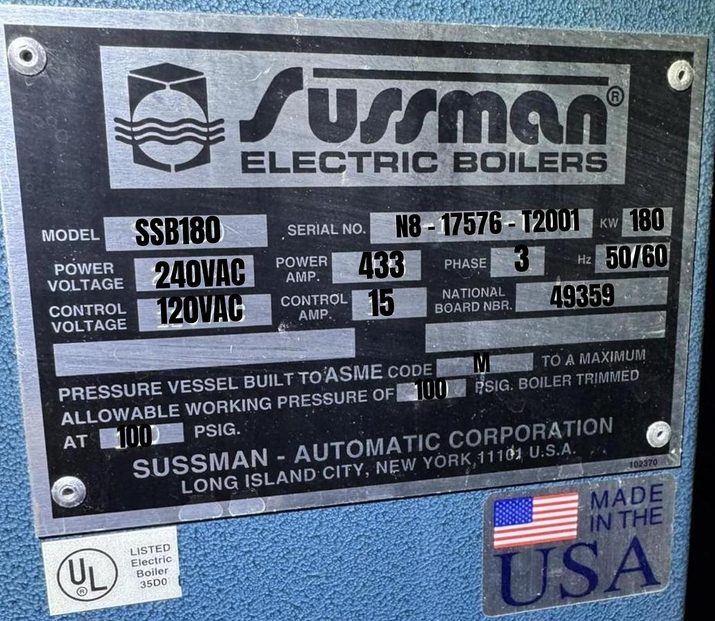 Used Sussman SSB180 Electric Steam Boiler - 180 kW, 240V 3-Phase, ASME, National Board (Serial# N8-17576-T2001)