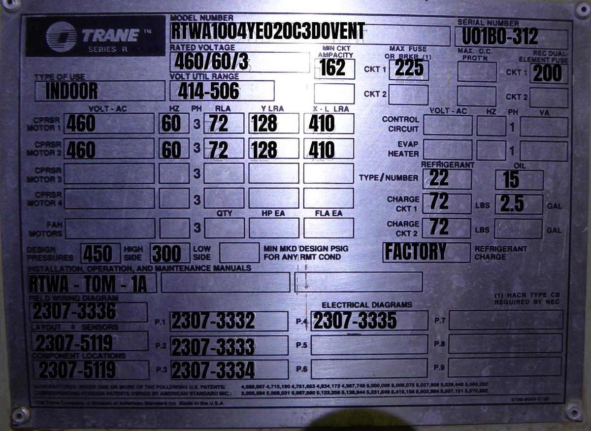 Used Trane Series R Water-Cooled Chiller – RTWA100 (2011)