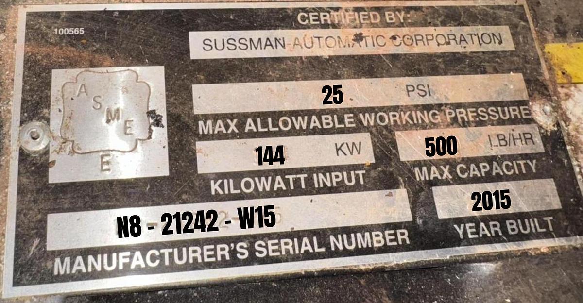 Used Sussman SSB135 Electric Steam Boiler - 144 kW, 480V 3-Phase, 500 lb/hr, ASME, Stainless Steel (2015)
