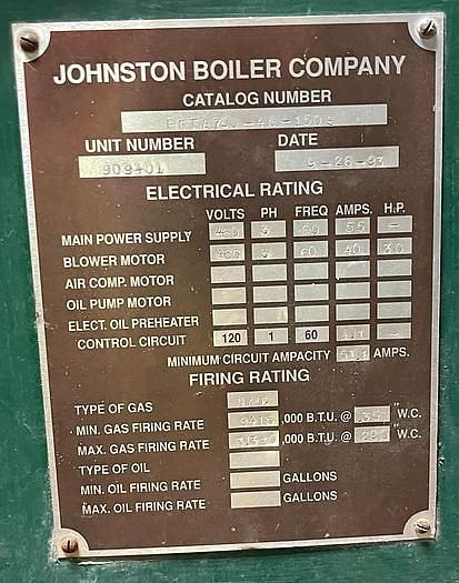 Used 750 HP Johnston Boiler Co 150 PSI Steam Boiler 1993 Model PFTA 750-4G-150S