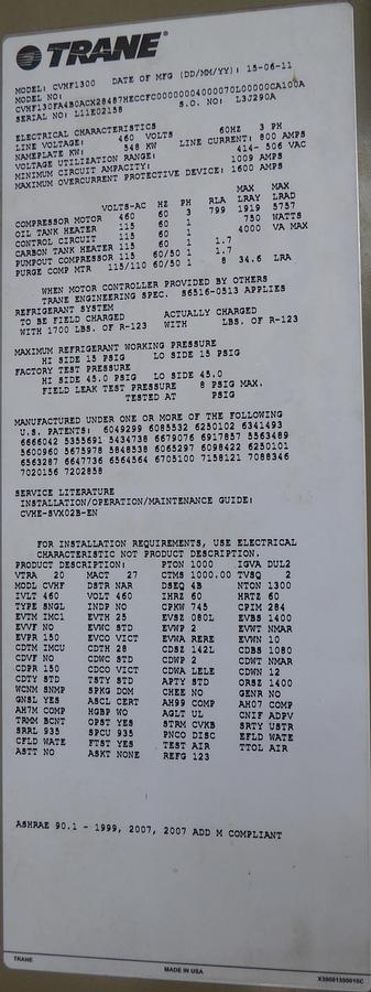 Used Trane CenTraVac Water Chiller 800 Tons – CVHF1300