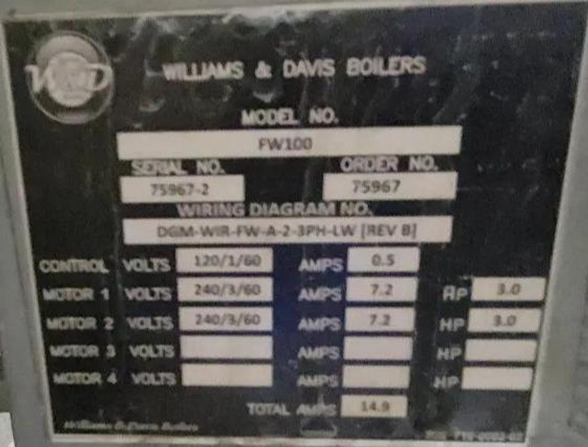 Used Williams & Davis 150HP Steam Boiler w/ Ancillary Equipment - Model 3100D-150S, 5,175 MBH Input (2017)