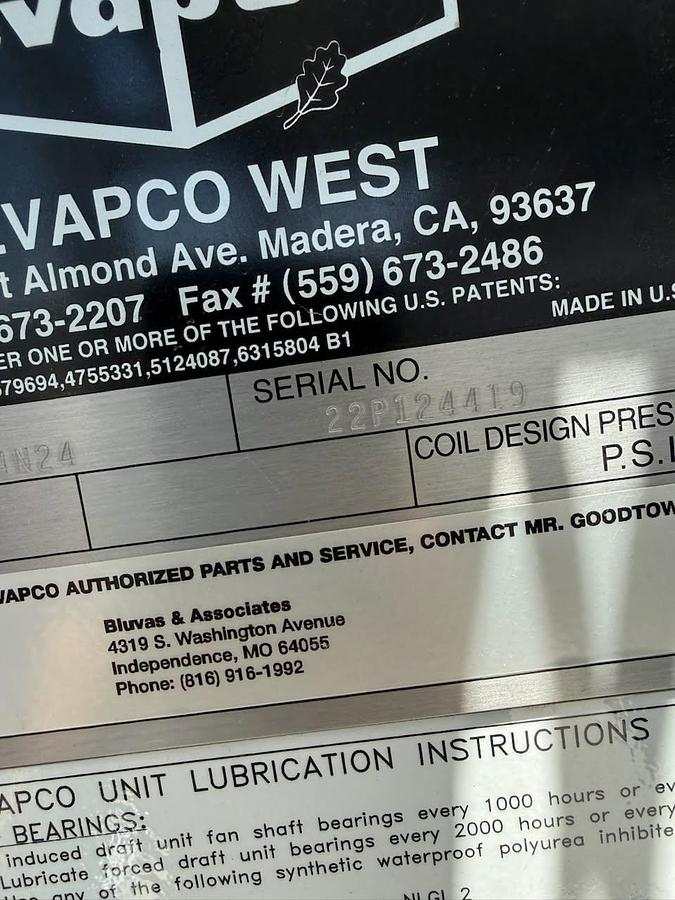 Used Evapco West Model AT 212-4N24 Cooling Tower with Baldor Reliance Super-E Pump Motors S/N 22P124419