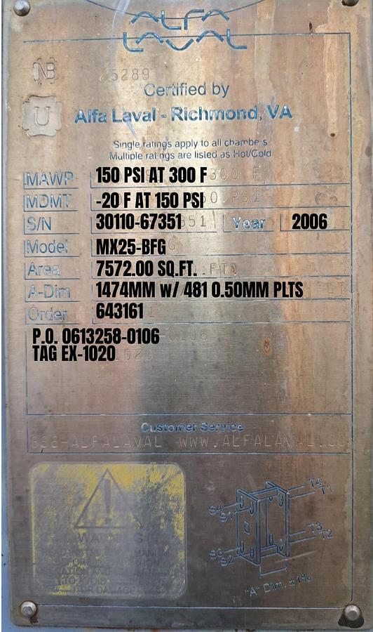 Used Alfa Laval 7,572 sq ft Plate & Frame Heat Exchanger – Model MX25-BFG (2006)