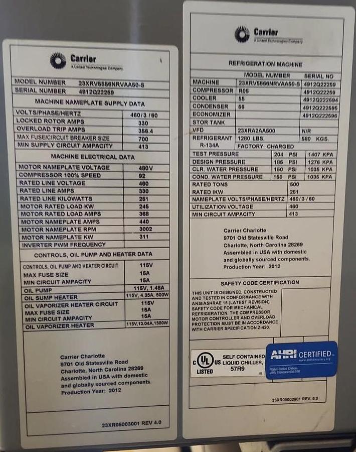 Used Carrier 23XRV5568NRAA50-S 500 Ton Water-Cooled Liquid Chiller – 2012, R-134a