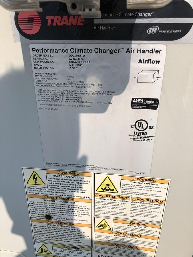 Used Trane Performance Climate Changer Industrial Air Handler CSAA030UBL00 Unit 4