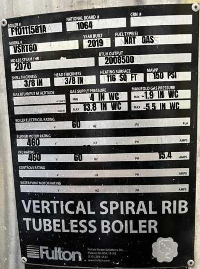 Used Fulton VSRT60 60HP 150PSI Vertical Spiral Rib Tubeless Steam Boiler - 2019