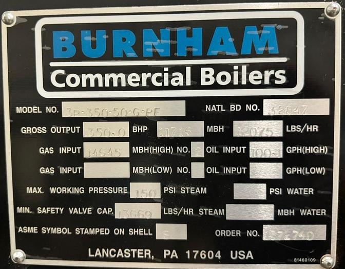 Used 350 HP Burnham 150 PSI Steam Boiler Model 3P 350 50 G PF