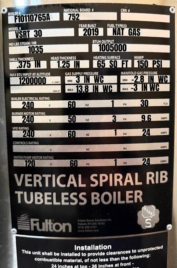 Used Fulton VSRT30 30HP 150PSI Vertical Spiral Rib Tubeless Steam Boiler - 2019