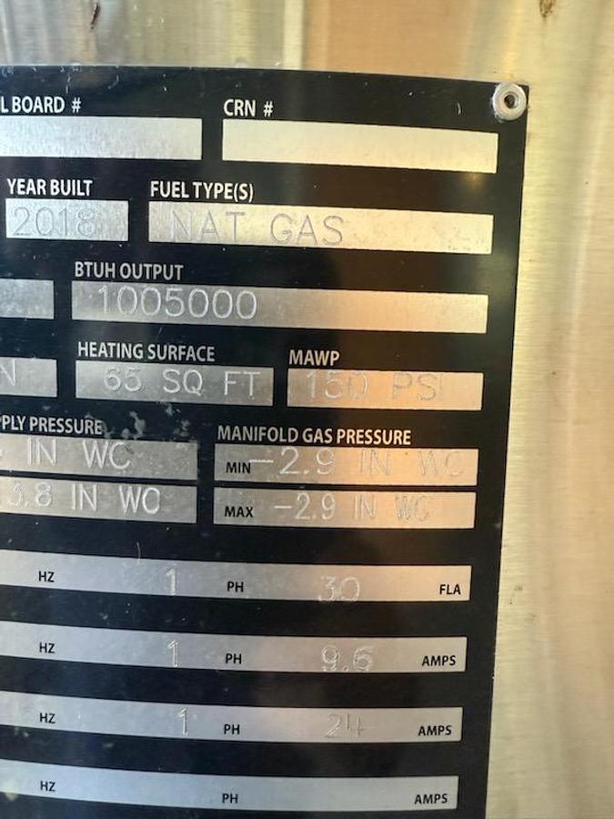 Used Fulton Vertical Spiral Rib Tubeless Boiler System – 2018, 1,050,000 BTU/hr, 150 PSI