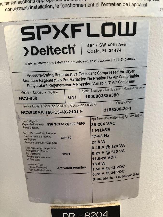 Used SPX FLOW Deltech Compressed Air Dryer System HCS-930