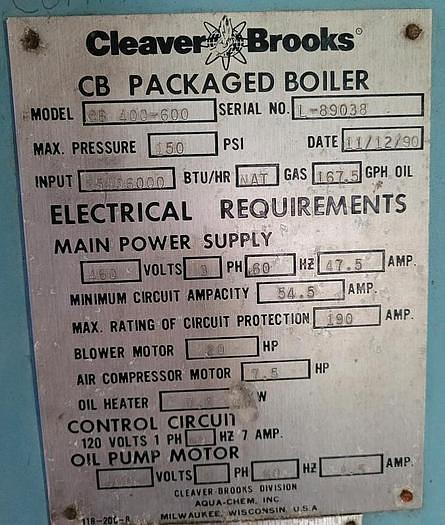 Used 600 HP Cleaver Brooks 150 PSI Steam Boiler 1990 Model CB 400-600