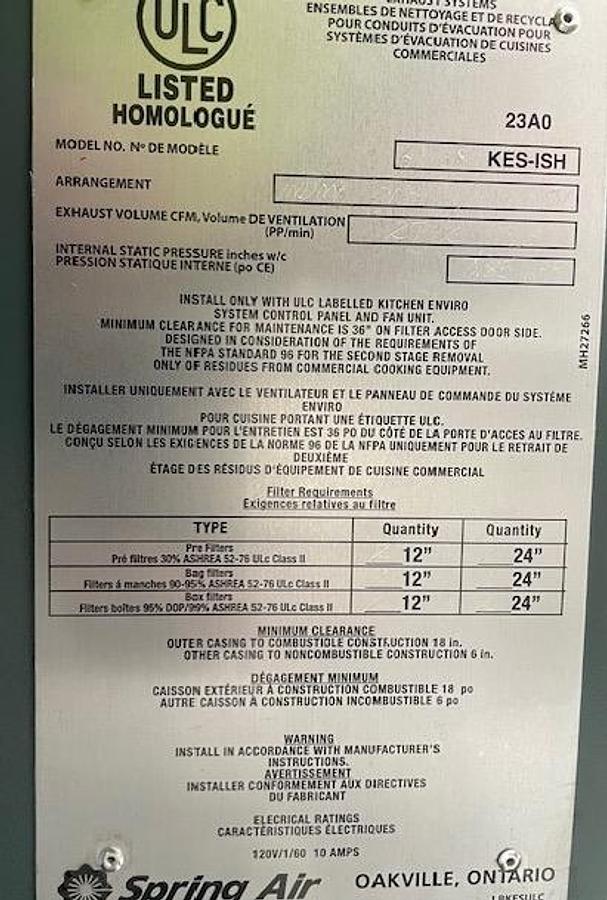 Used Spring Air KES-ISH Commercial Kitchen Exhaust Hood System - UL Listed - Stainless Steel