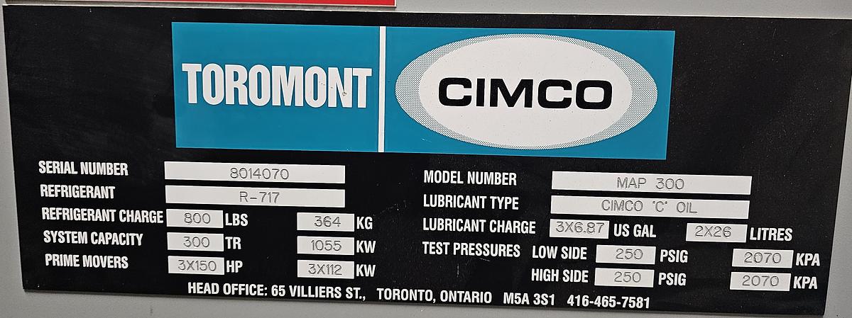 Used Toromont CIMCO Industrial Refrigeration System - 300 Ton Capacity with Heat Exchangers (2010)
