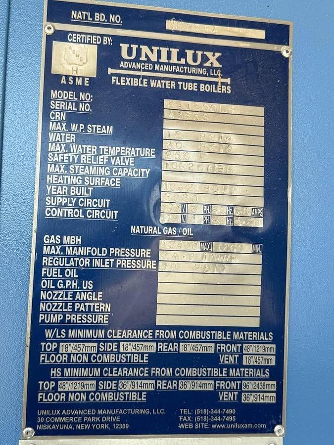Used Unilux Flexible Water Tube Boiler 12400 MBH Natural Gas 15 PSIG ZF1200LS 2020