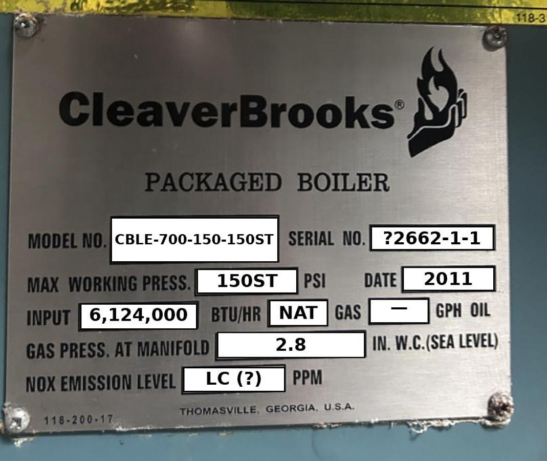 Used 2011 Cleaver Brooks CBLE-700-150-150ST 150 HP 150 PSI Steam Boiler
