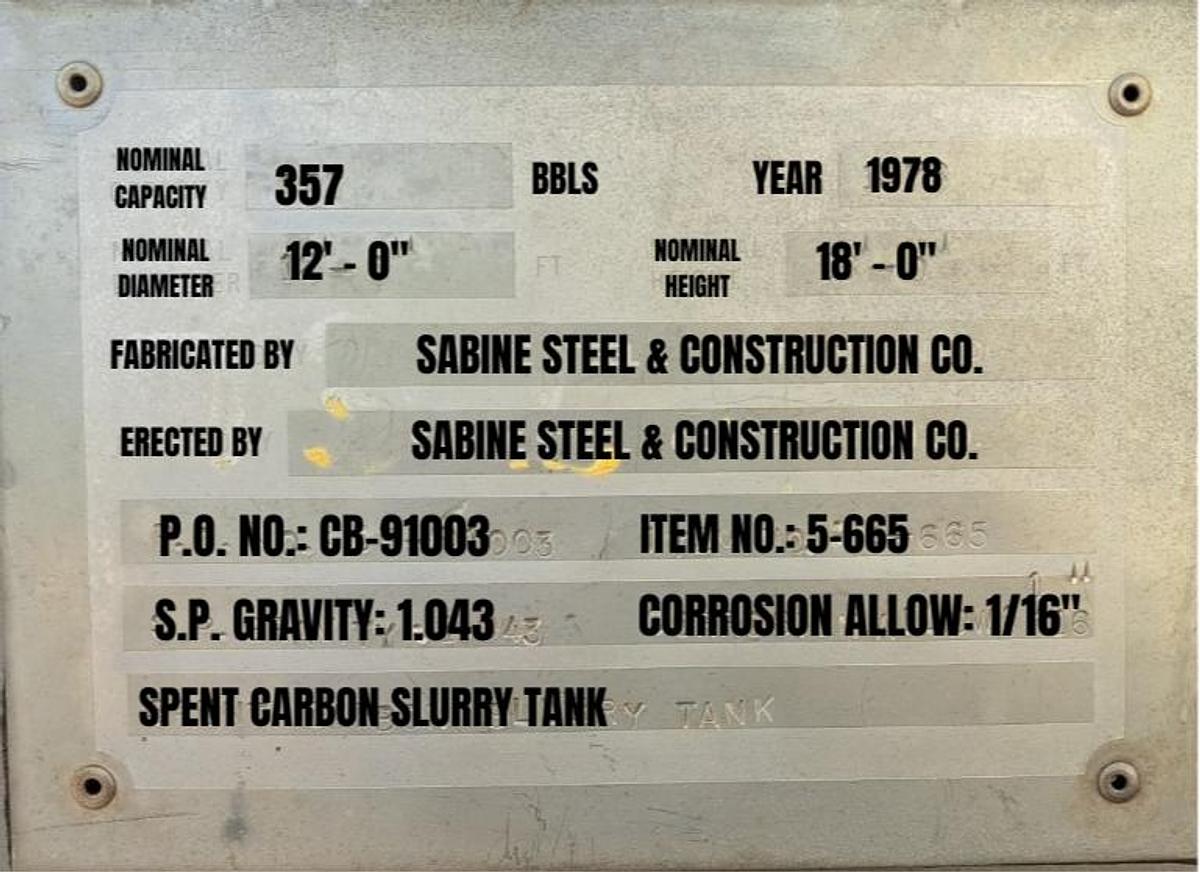 Used Sabine Steel 14,750 Gallon Stainless Steel Spent Carbon Slurry Tank (1978)