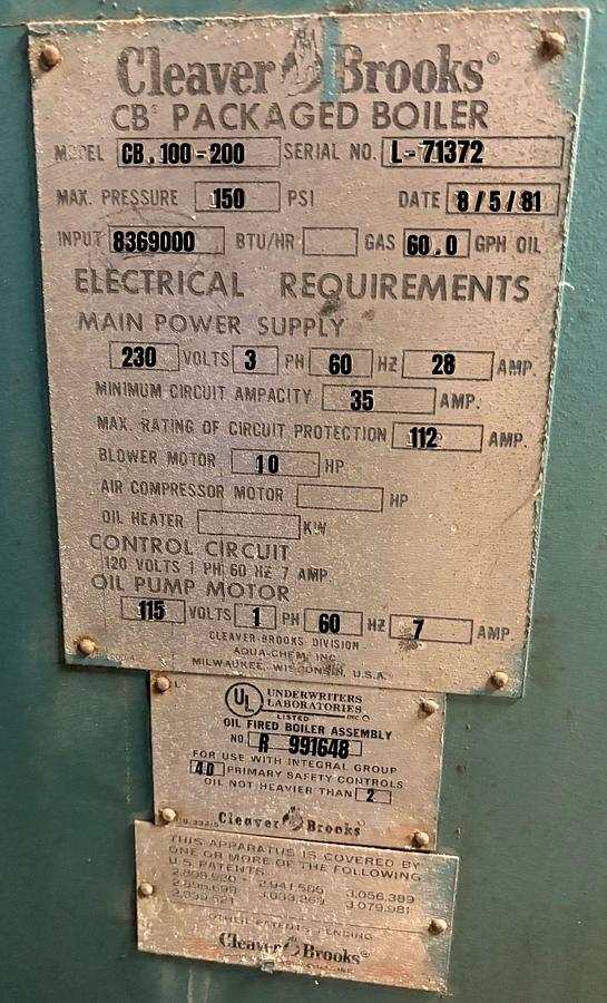 Used Cleaver Brooks 250 HP 150 PSI  Packaged Steam Boiler Natural Gas CB-100-200 (1981)