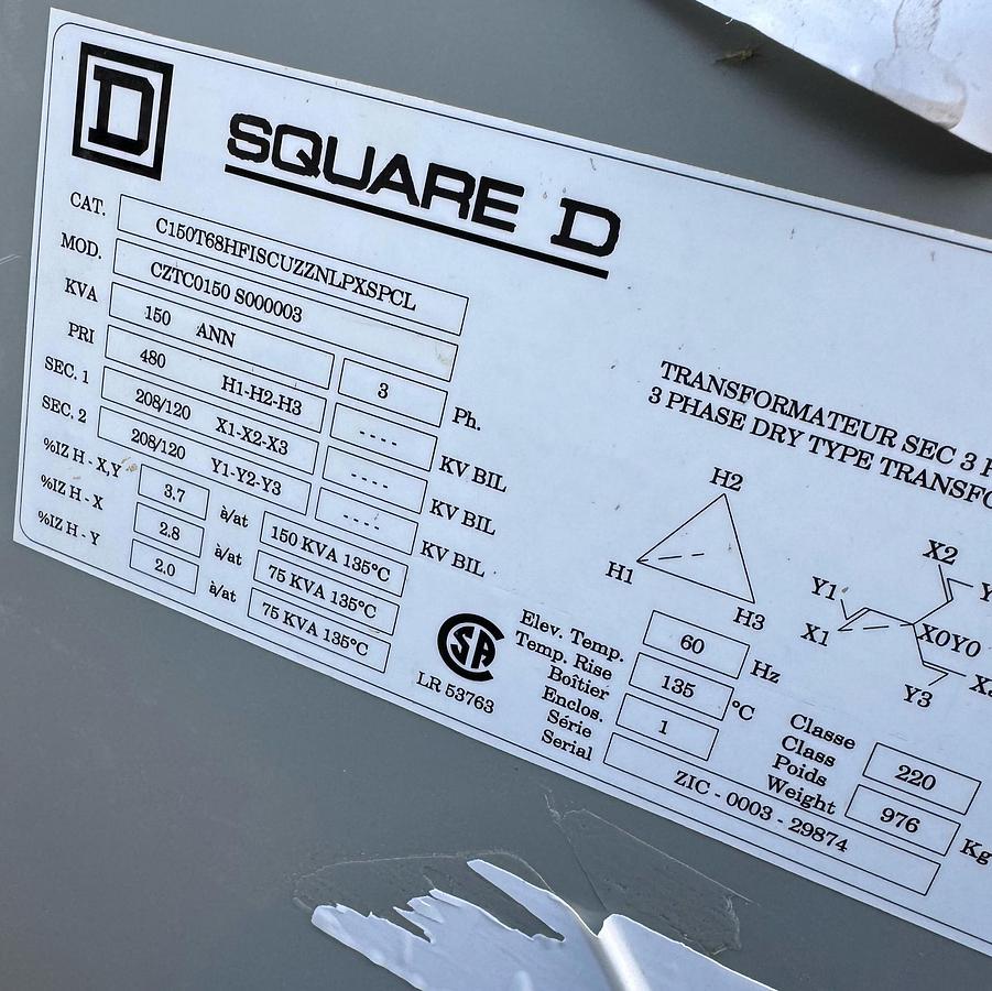 Used Square D 150 kVA Dry Type Transformer CZTC0150 S000008