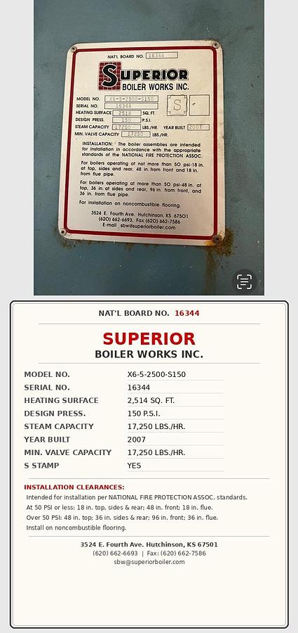 Used Superior Boiler Works 500HP 150PSI X6-5-2500-S150 Steam Boiler IC Burner Skid 2007