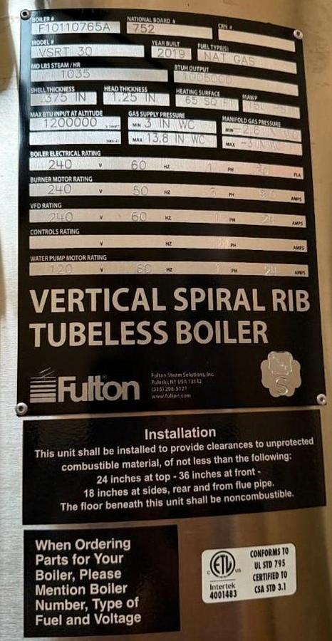 Used Fulton VSRT30 30HP 150PSI Vertical Spiral Rib Tubeless Steam Boiler - 2019