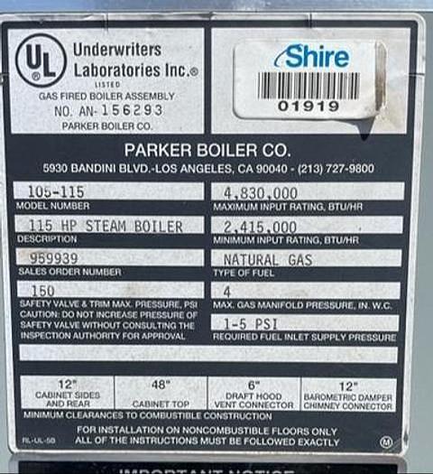 Used 110 HP Parker Boiler Co. Steam Boiler 1997 Model 105-115