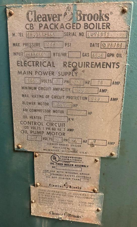 Used Cleaver Brooks 250 HP 150 PSI  Packaged Steam Boiler Natural Gas CB-100-200 (1981)