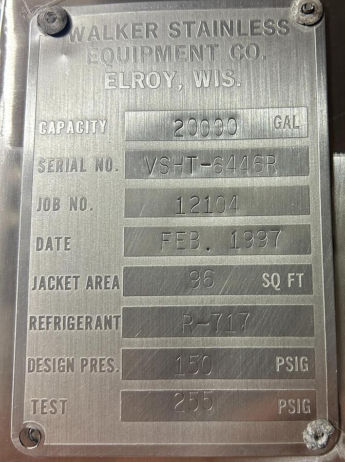 Used Walker Stainless 20,000 Gallon Jacketed Stainless Steel Storage Tanks SA240/T316L R-717 Lot of 4 1997