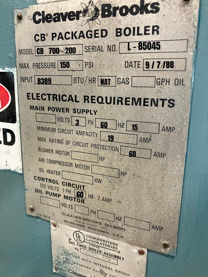Used Cleaver Brooks 200HP 150PSI Packaged Steam Boiler CB 700-200 Natural Gas 1988