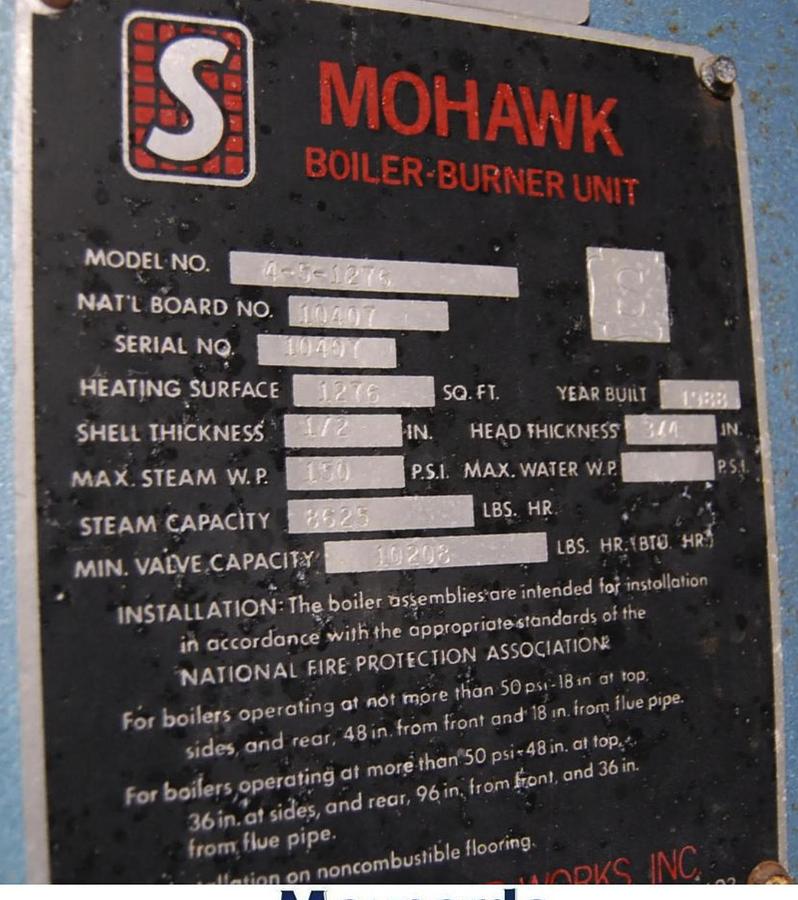 Used Used 1988 Mohawk 4-5-1279 250 HP 150 PSI Steam Boiler