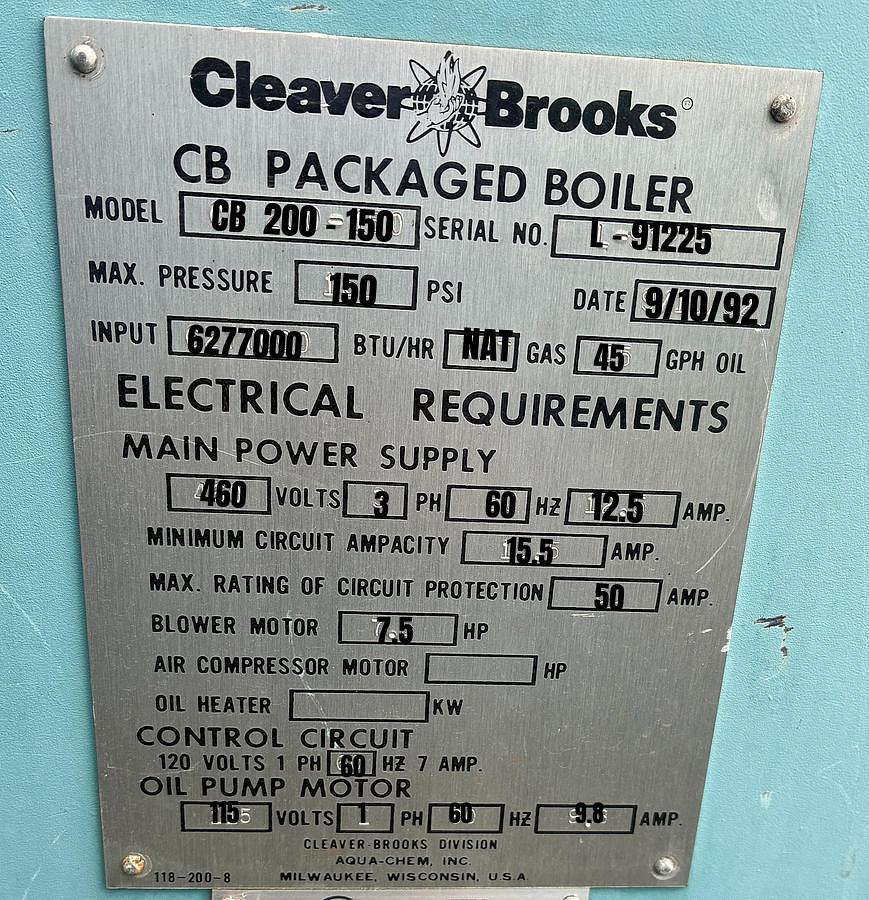 Used 1992 Cleaver Brooks CB-200-150 150 HP High Pressure Steam Boiler Natural Gas Oil Fired 150 PSI S/N L 91225 National Board No. 03010
